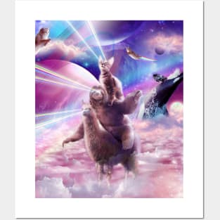 Laser Eyes Space Cat On Sloth Llama - Rainbow Posters and Art